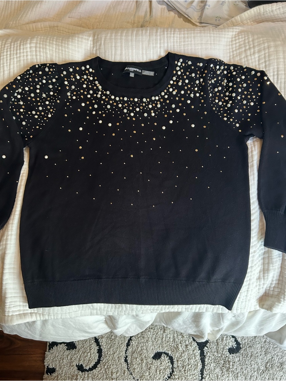 Karl Lagerfeld Black Crewneck Sweater with Pearl Embellishments